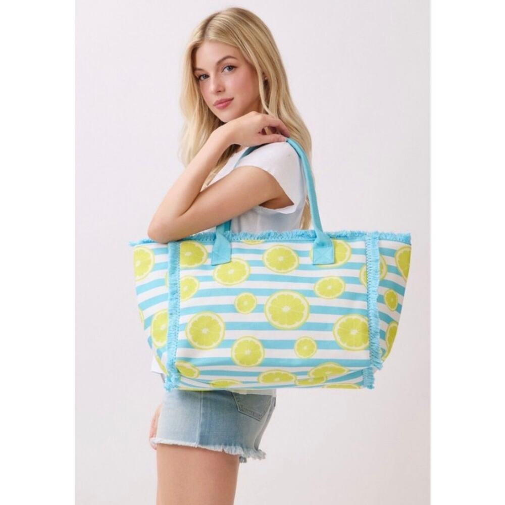 Lemon stripe fringe tote